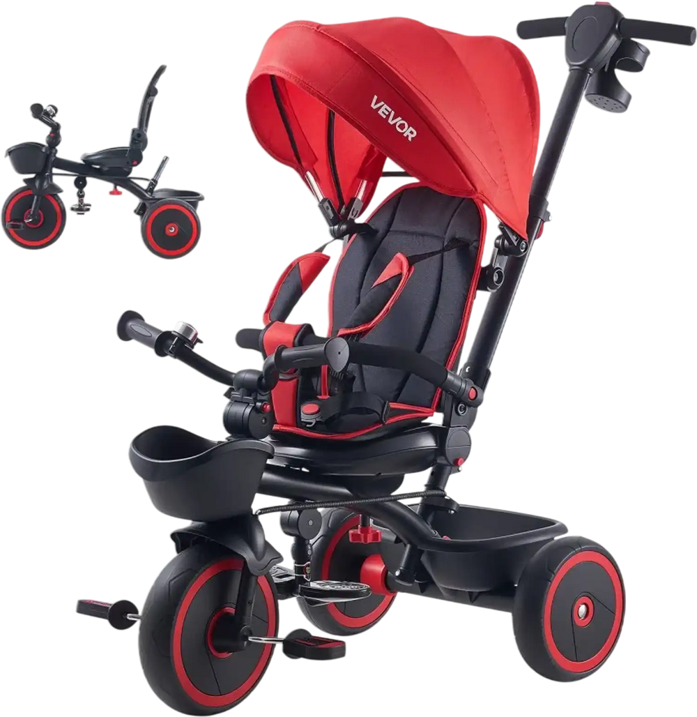 VEVOR Toddler Tricycle & Stroller for 1-5 Year Old, 6-in-1 Kids Trike with Parent Push Handle, Canopy, Adjustable Seat and Storage, Tricycle for Toddlers, Birthday Toy for Boys and Girls, Red/Black
