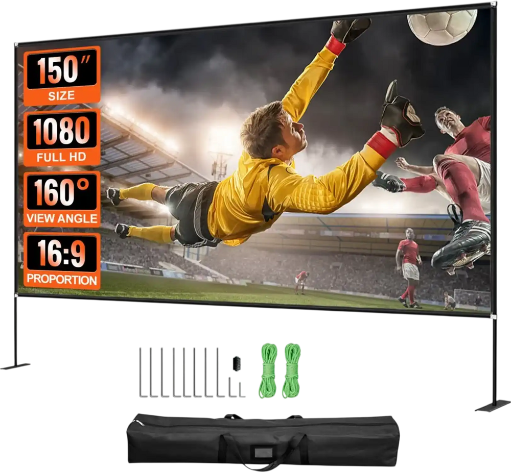 VEVOR Projector Screen with Stand 150inch Portable Movie Screen 16:9 4K HD Wide Angle Outdoor Projector Screen Stand Easy Assembly with Storage Bag for Home Theater Office Outdoor Use