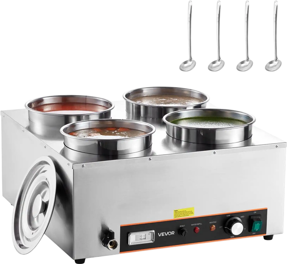VEVOR Electric Soup Warmer, Four 6.34QT Stainless Steel Round Pot with 86~185°F Adjustable Temp, 1500W Commercial Bain Marie with Anti-dry Burn and Reset Button, Soup Station for Restaurant, Buffet