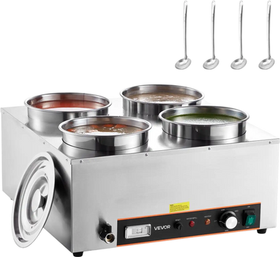 VEVOR Electric Soup Warmer, Four 6.34QT Stainless Steel Round Pot with 86~185°F Adjustable Temp, 1500W Commercial Bain Marie with Anti-dry Burn and Reset Button, Soup Station for Restaurant, Buffet