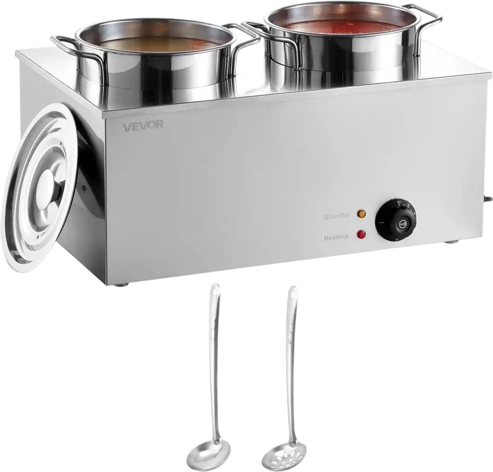 VEVOR Electric Soup Warmer, Two 6.34QT Stainless Steel Round Pot with 86~185°F Adjustable Temp, 1200W Commercial Bain Marie Compatible with Pans, Soup Station for Restaurant, Buffet