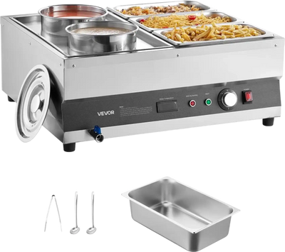 VEVOR Electric Soup Warmer, Two 6.34QT Pots & Three 1/3 Pans, Stainless Steel Commercial Food Warmer with 86~185°F Adjustable Temp, 1500W Bain Marie, Soup Station for Restaurant, Buffet
