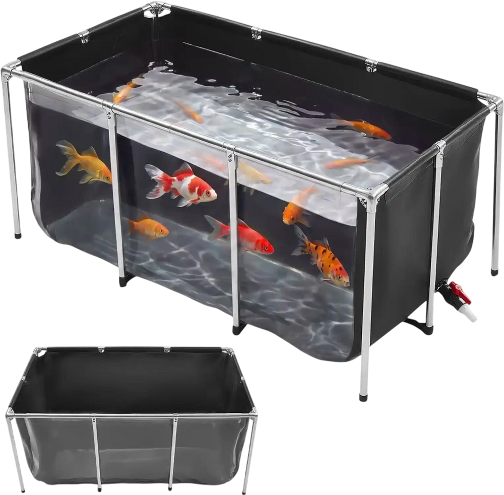 VEVOR Canvas Fish Pond 200 Gal Above Ground Fish Pond Black PVC Koi Tank, Rectangular Goldfish Tank with Clear Viewing Panel, Stainless Steel Frame and Drain Valve, for Breeding Koi and Irrigation