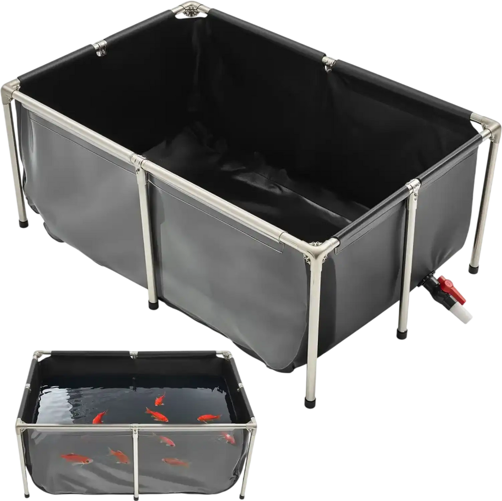 VEVOR Canvas Fish Pond, 126.8 Gal Above Ground Fish Pond, PVC Koi Tank with Clear Viewing Panel, Rectangular Goldfish Tank with Stainless Steel Frame & Drain Valve, for Breeding Koi, Irrigation(Black)