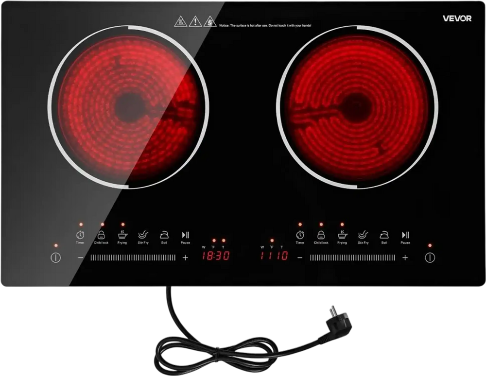 VEVOR Electric Cooktop 24inch 2 Burners Portable Stove Top 1800W 120V, Ceramic Countertop/Built-in Radiant Electric Stove , with 9 Power Levels, Timer, Child Lock, Over-Heat Guard, Touch Control