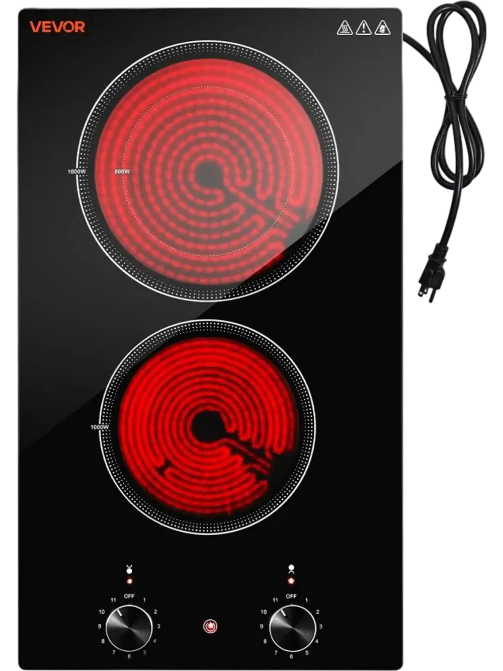 VEVOR Electric Cooktop 12in 2 Burners Portable Stove Top 1800W 120V Plug In, Ceramic Countertop/Built-in Radiant Electric Stove , with 11 Power Levels, Over-Heat Guard, Knob Control