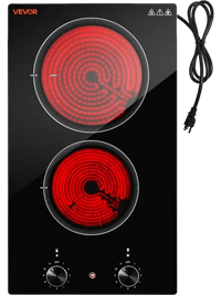 VEVOR Electric Cooktop 12in 2 Burners Portable Stove Top 1800W 120V Plug In, Ceramic Countertop/Built-in Radiant Electric Stove , with 11 Power Levels, Over-Heat Guard, Knob Control