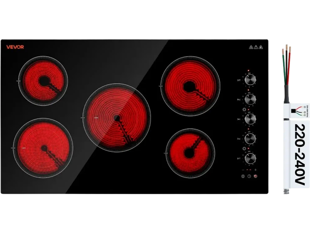 VEVOR Electric Cooktop 36inch 5 Burners Stove Top 8800W 220V No Plug, Ceramic Built-in Radiant Electric Stove , with 11 Power Levels, Timer, Child Lock, Over-Heat Guard, Knob/Touch Control