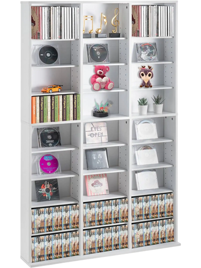 VEVOR Media Storage Cabinet, 9-layer DVD Shelf Holds up to 756 CDs, Adjustable CD Shelves 27 Compartments, Protects & Organizes Music, Movie, Video Games or Memorabilia Collections,White