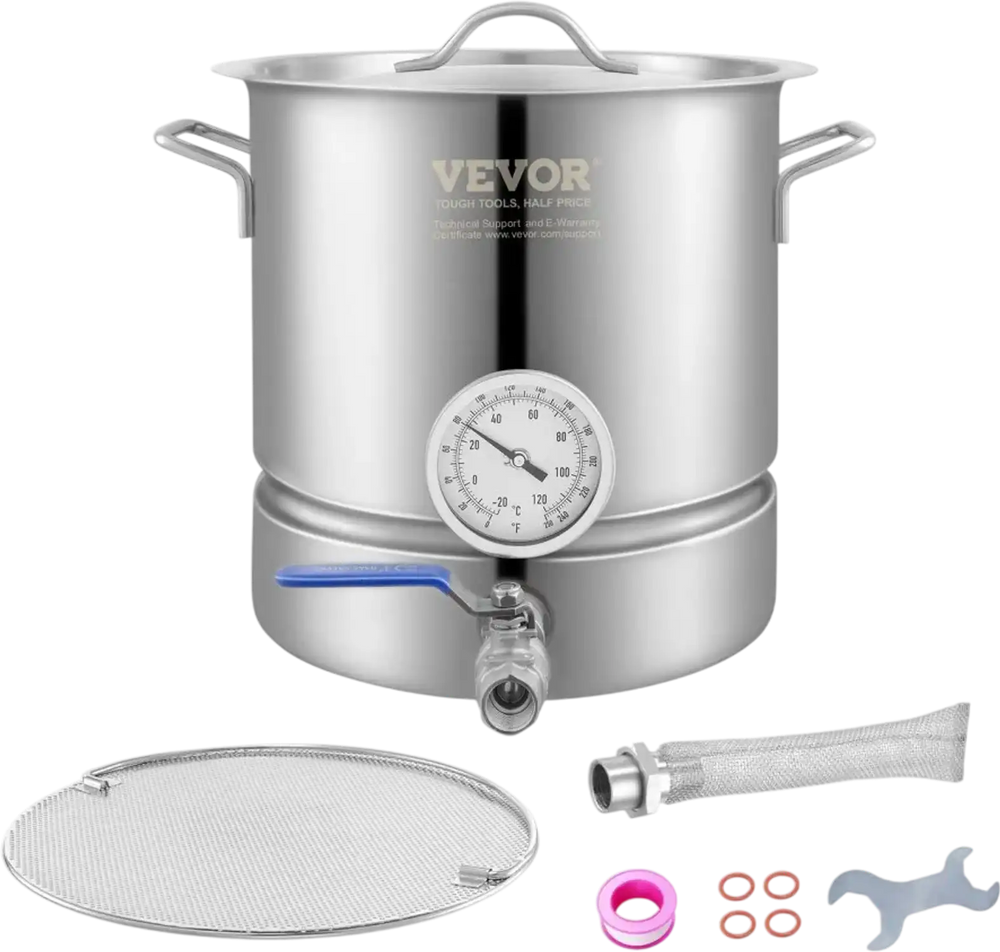 VEVOR Stainless Steel Kettle, 5 GALLON Brewing Pot, Tri Ply Bottom for Beer, Brew Kettle Pot, Home Brewing Supplies Includes Lid, Handle, Thermometer, Ball Valve Spigot, Filter, Filter Tray