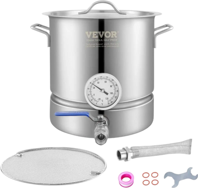 VEVOR Stainless Steel Kettle, 5 GALLON Brewing Pot, Tri Ply Bottom for Beer, Brew Kettle Pot, Home Brewing Supplies Includes Lid, Handle, Thermometer, Ball Valve Spigot, Filter, Filter Tray