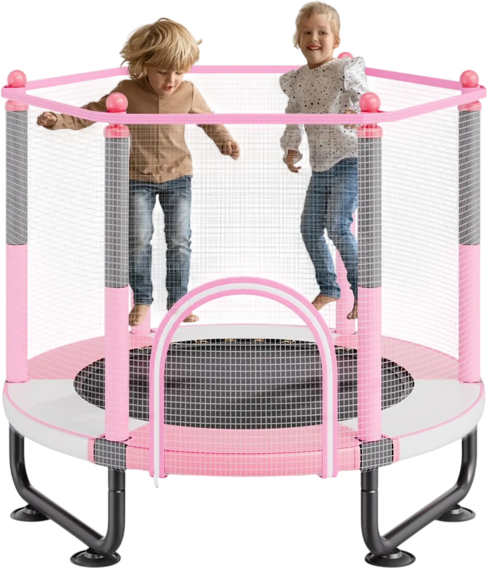VEVOR 60" Kids Trampoline, 5FT Indoor Outdoor Trampoline, Mini Toddler Recreational Trampolinewith Safety Enclosure Net and Basketball Hoop, Birthday Gifts Christmas Toys for 3+ Years Children, Pink