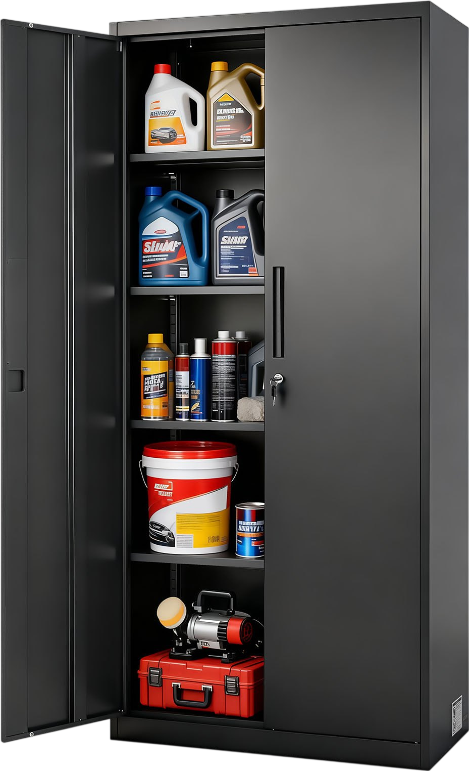 VEVOR Metal Storage Cabinet, 68.9 in Lockable Steel Garage Cabinet with 4 Adjustable Shelves, 2 Magnetic Doors, 2 Keys, 5 Tiers Tool Storage for Pantry, Warehouse, Basement, Laundry, Office, Black