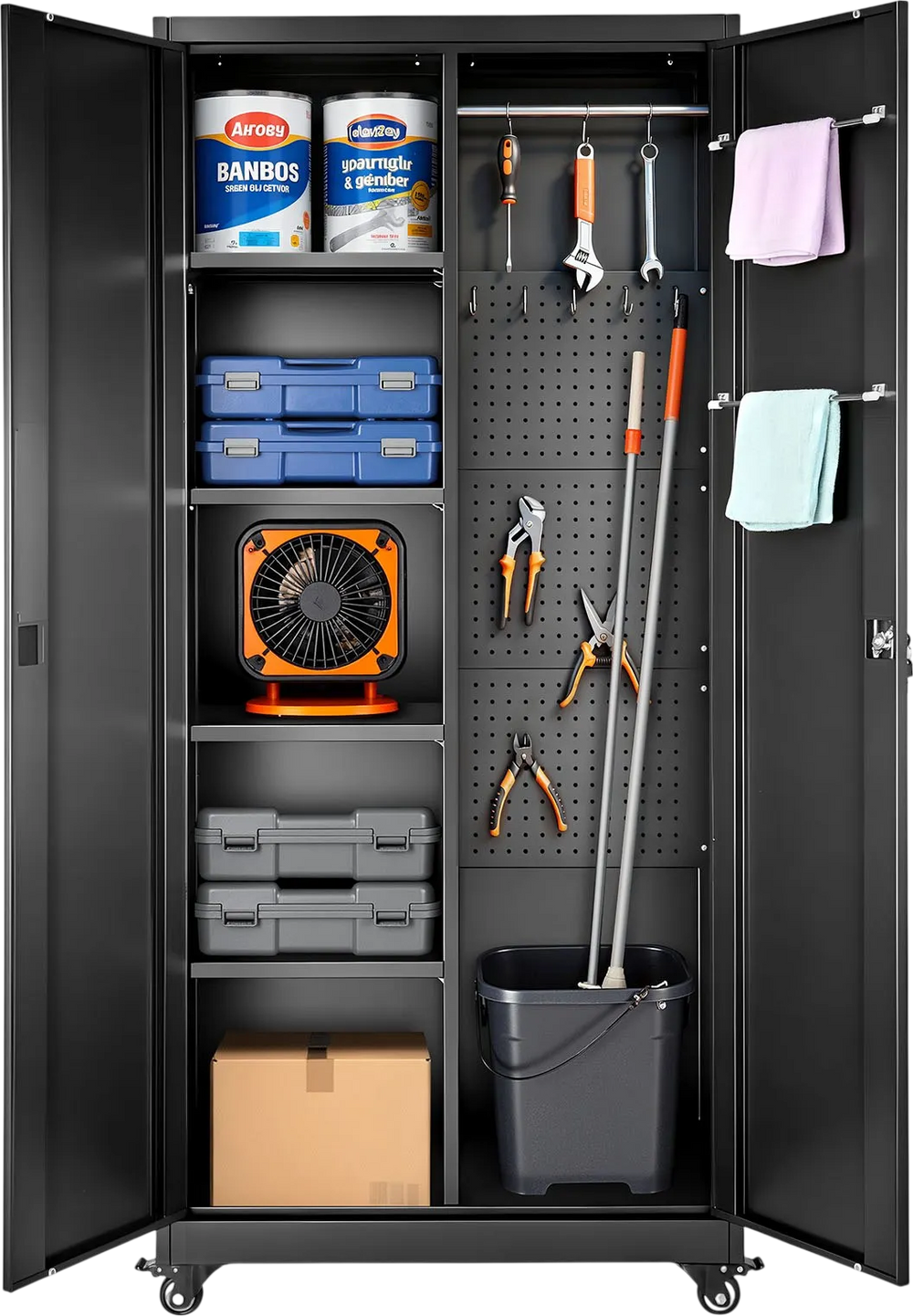 VEVOR Metal Storage Cabinet, 70.6 in Rolling Steel Garage Cabinet with Adjustable Shelves, 2 Magnetic Doors, Hanging Rod & 3 Rod Hooks, 5 Tiers Lockable Tool Storage for Pantry, Warehouse, Basement