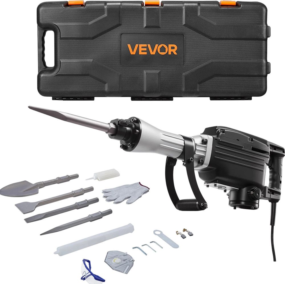 VEVOR Demolition Jack Hammer, 2800 W Powerful Electric Jackhammer, 1200 BPM Concrete Breaker with 3 Chisels, a Clay Spade, Carrying Case, Gloves, for Concrete, Wall, Brick, Tile and Foundation
