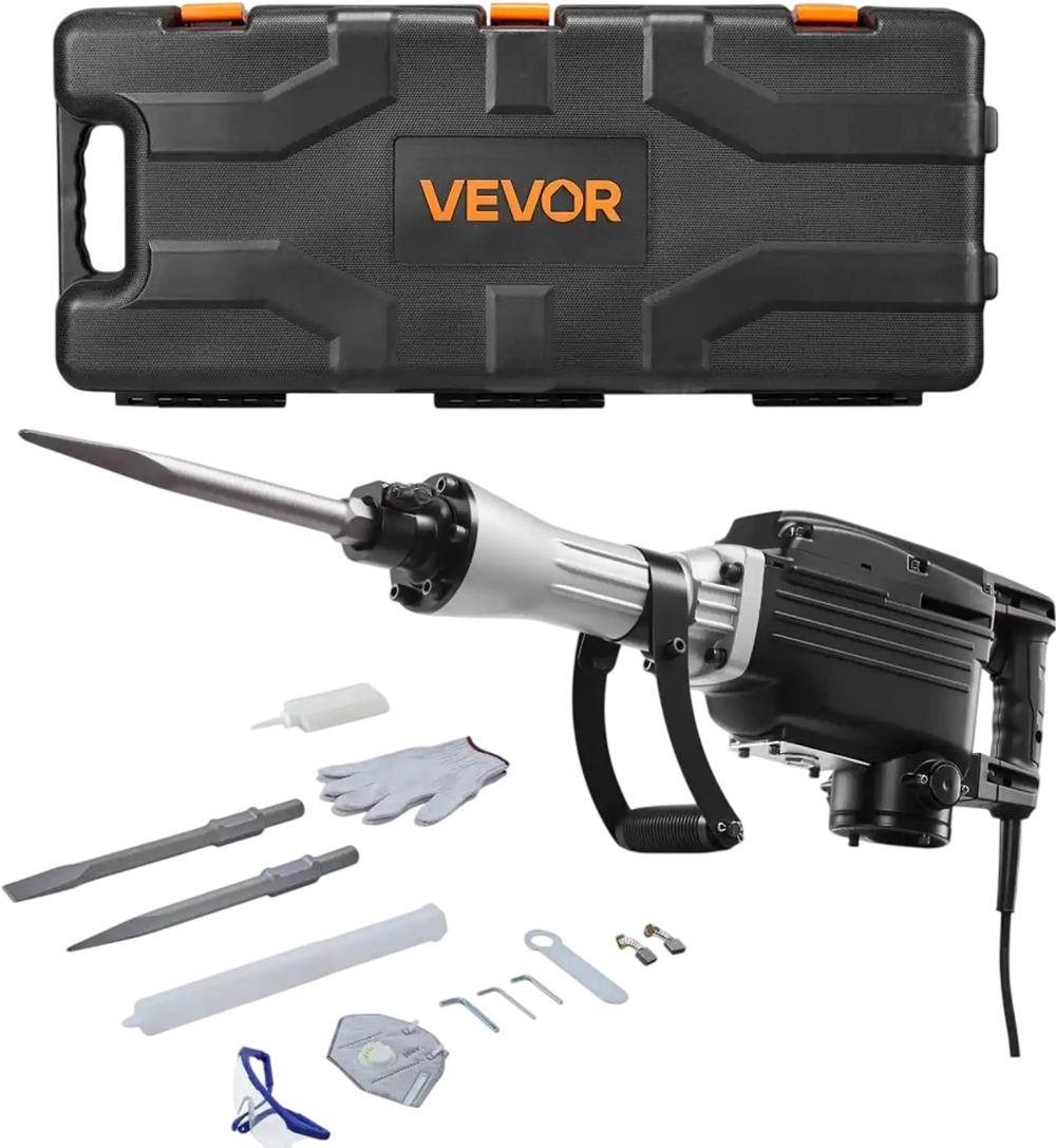 VEVOR Demolition Jack Hammer, 2800 W Powerful Electric Jackhammer, 1200 BPM Concrete Breaker with a Point Chisel, a Flat Chisel, Carrying Case, Gloves, for Concrete, Wall, Brick, Tile and Foundation