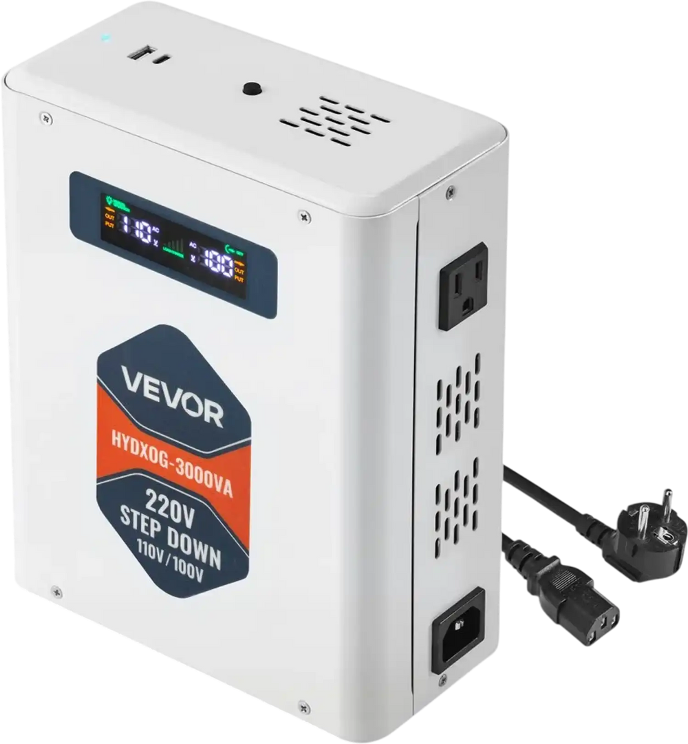 VEVOR Step Down Voltage Converter, 3000VA, Heavy Duty Voltage Power Converter, 220V to 110V Power Transformer, with 2 US Outlets, USB Output, LCD Display, Temperature Protection, for 110V Appliances