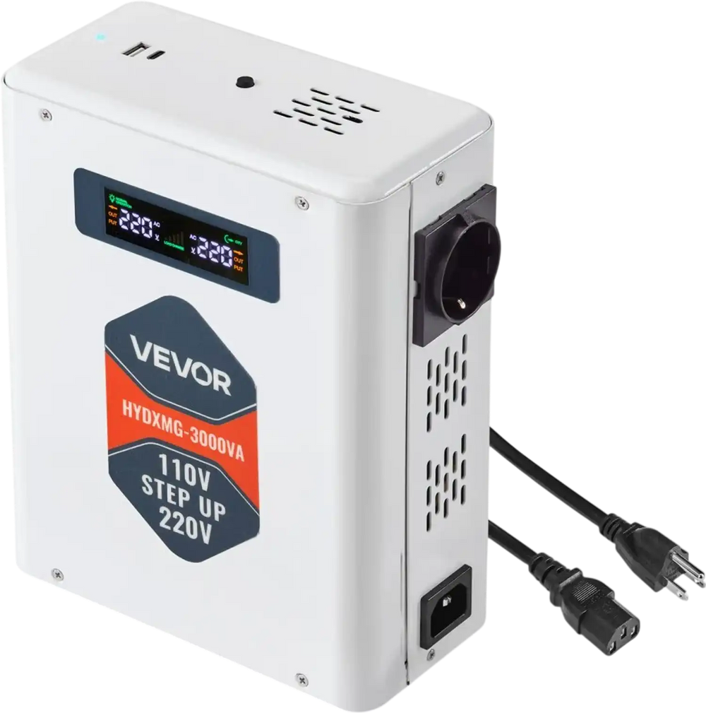 VEVOR Step Up Voltage Converter, 3000VA, Heavy Duty Voltage Power Converter, 110V to 220V Power Transformer, with 2 EU Outlets, USB Output, LCD Display, Temperature Protection, for 220V Appliances