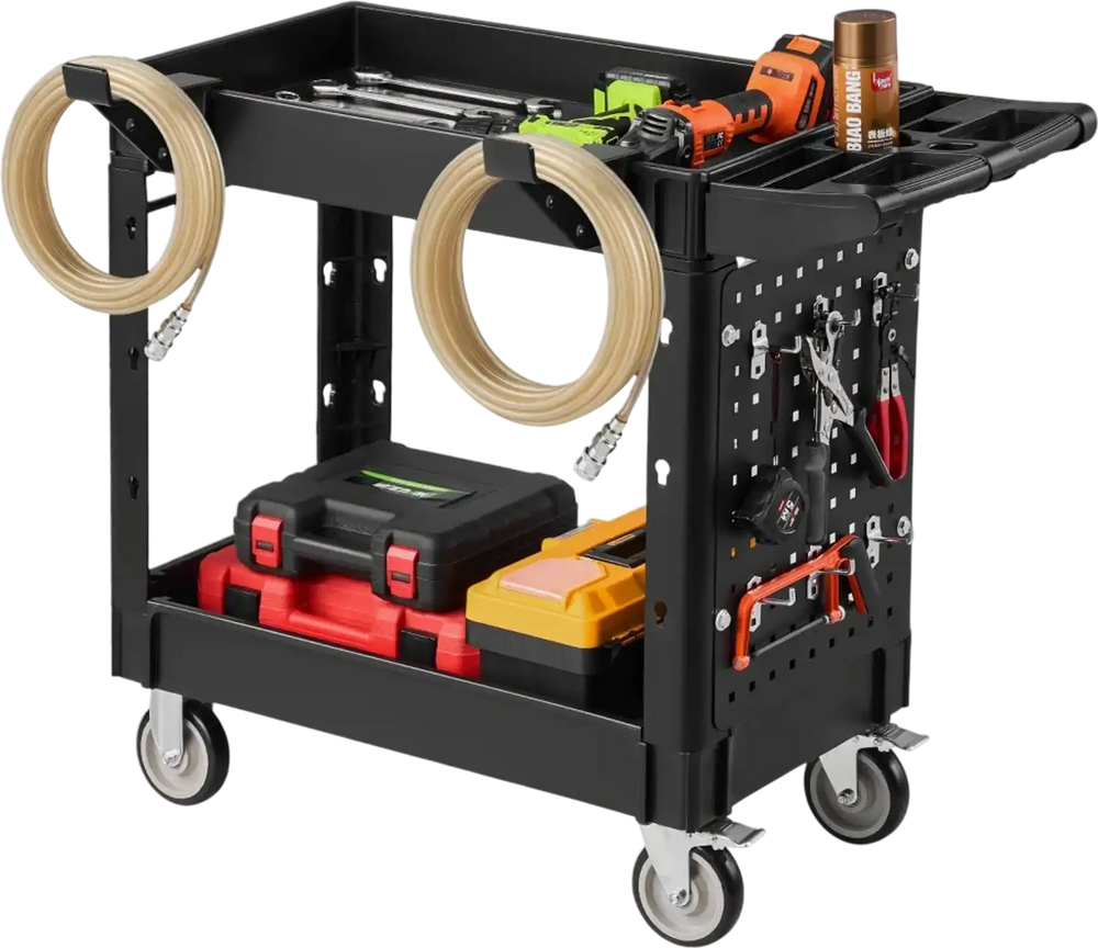 VEVOR Utility Cart, 550 lbs Capacity, 2 Tier Service Cart with 360° Swivel & Fixed Wheels (2 with Brakes), Heavy Duty Plastic Rolling with Tray and Pegboard, Tool Storage for Garage Warehouse Workshop