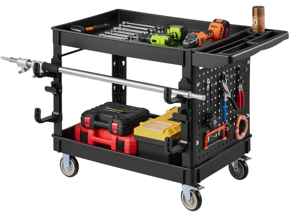 VEVOR Utility Cart, 550 lbs Capacity, 2 Tier Service Cart with 360° Swivel & Fixed Wheels (2 with Brakes), Heavy Duty Plastic Rolling with Tray and Pegboard, Tool Storage for Garage Warehouse, Black