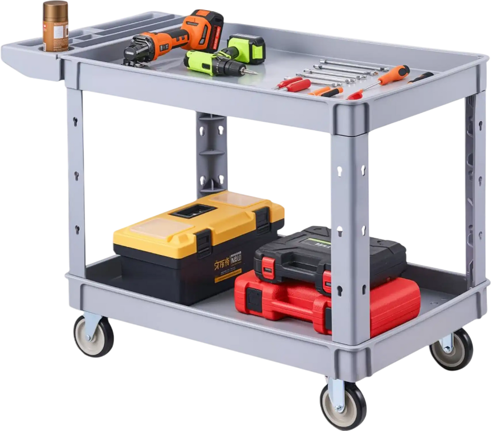 VEVOR Utility Cart, 550 lbs Capacity, 2 Tier Service Cart with 360° Swivel & Fixed Wheels (2 with Brakes), Heavy Duty Plastic Rolling with Storage Tray, Tool Storage for Garage Warehouse Workshop Gray