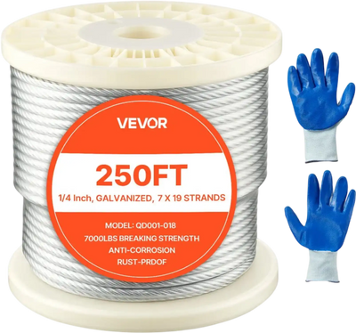 VEVOR 1/4 Inch Wire Rope, 250 ft Length, Zinc Galvanized Carbon Steel Cable with Gloves, 7000 lbs Breaking Strength, 7 x 19 Strands Construction, Wire Cable for Deck Railing System, Garden Trellis