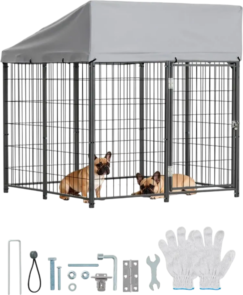 VEVOR Outdoor Dog Kennel, 3.67 x 3.78 x 4.1 ft Large Dog Kennel with Secure Lock, Outside Dogs Enclosures with UV-Resistant & Waterproof Roof Cover, Heavy Duty Pet Crate Cage Run for Large Dogs