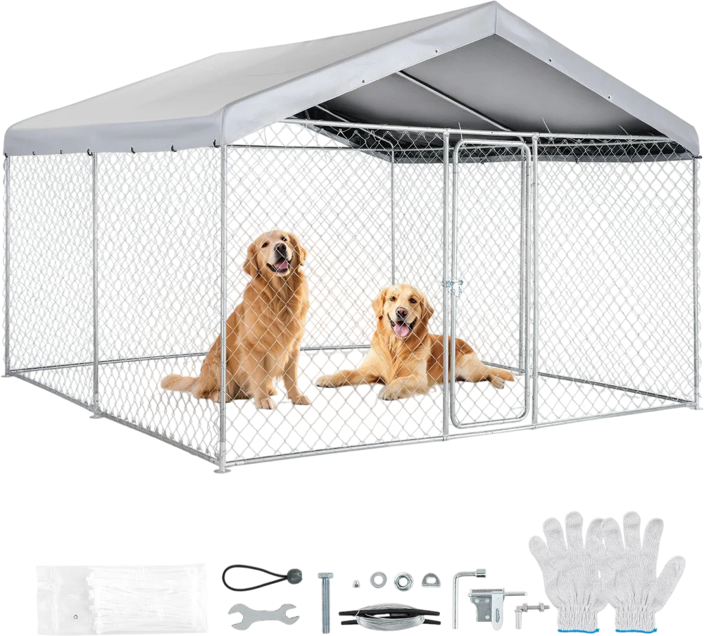 VEVOR Outdoor Dog Kennel, 9.84 x 9.84 x 7.05 ft Large Dog Kennel with Secure Lock, Outside Dogs Enclosures with UV-Resistant & Waterproof Roof Cover, Heavy Duty Pet Crate Cage Run for Large Dogs