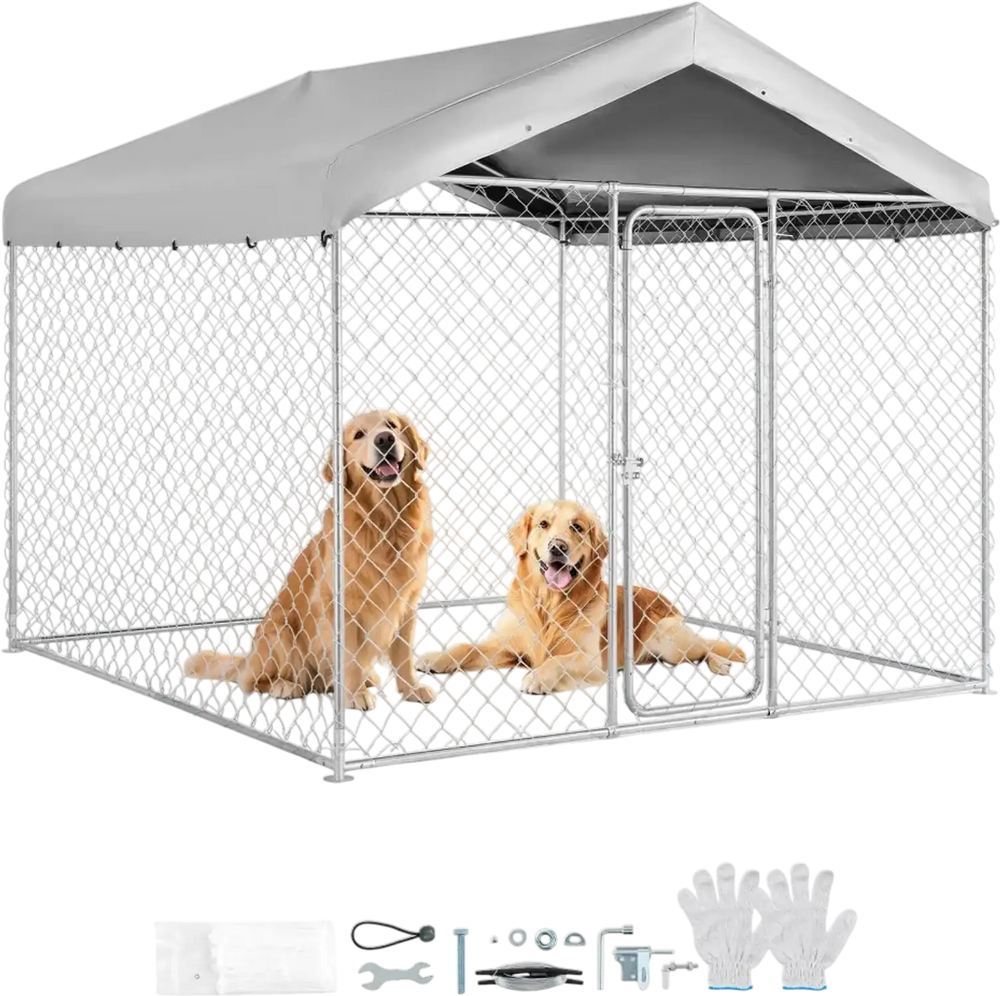 VEVOR Outdoor Dog Kennel, 7.55 x 7.55 x 7.05 ft Large Dog Kennel with Secure Lock, Outside Dogs Enclosures with UV-Resistant & Waterproof Roof Cover, Heavy Duty Pet Crate Cage Run for Large Dogs