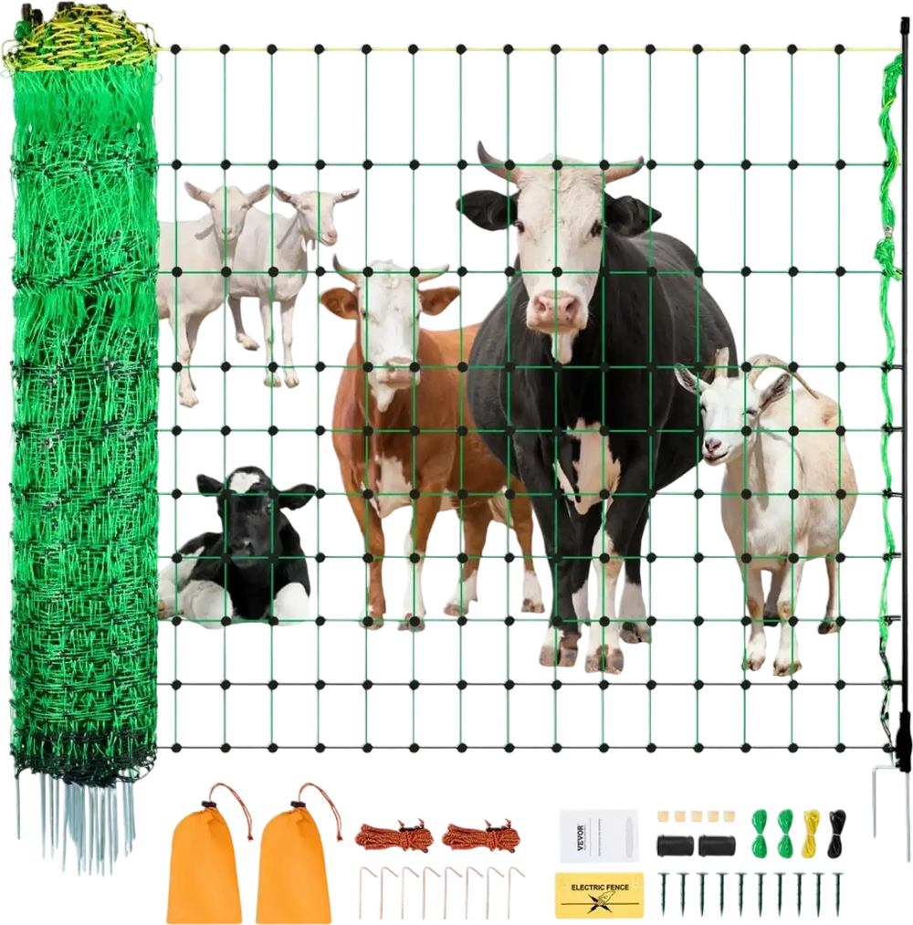 VEVOR Electric Fence Netting, 35" H x 164' L, PE Net Fencing with Posts & Double-Spiked Stakes, Utility Portable Mesh for Goats, Sheep, Lambs, Deer, Hogs, Dogs, Used in Backyards, Farms, and Ranches
