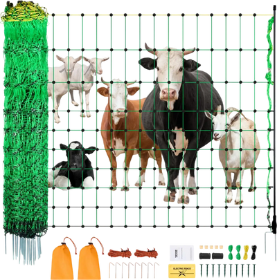 VEVOR Electric Fence Netting, 42 in (H) x 164 ft (L), PE Net Fencing with Posts & Double-Spiked Stakes, Utility Portable Electric Fence for Pigs, Cows, Sheep, Deer, Used in Backyards, Farms, Ranches