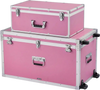 VEVOR Metal Storage Trunk, Set of 2, Wooden Suitcase Storage Boxes with Padlocks, Large Trunk Includes Casters & 3 Metal Handles, Decorative Store Chest with Lids for Travel, Apartment, Dorm, Pink