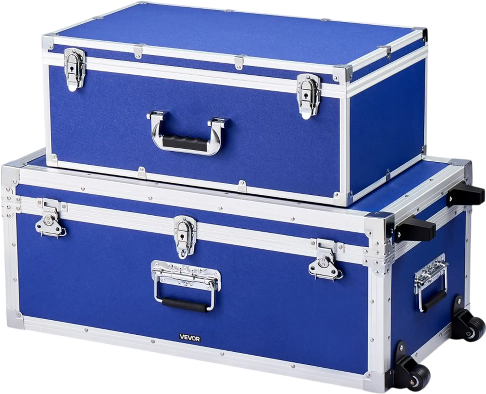 VEVOR Metal Storage Trunk, Set of 2, Wooden Suitcase Storage Boxes with Padlocks, Large Trunk Includes Casters and 3 Metal Handles, Decorative Store Chest with Lids for Travel, Apartment, Dorm, Blue