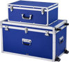 VEVOR Metal Storage Trunk, Set of 2, Wooden Suitcase Storage Boxes with Padlocks, Large Trunk Includes Casters & 3 Metal Handles, Decorative Store Chest with Lids for Travel, Apartment, Dorm, Blue