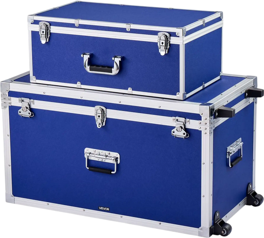 VEVOR Metal Storage Trunk, Set of 2, Wooden Suitcase Storage Boxes with Padlocks, Large Trunk Includes Casters & 3 Metal Handles, Decorative Store Chest with Lids for Travel, Apartment, Dorm, Blue