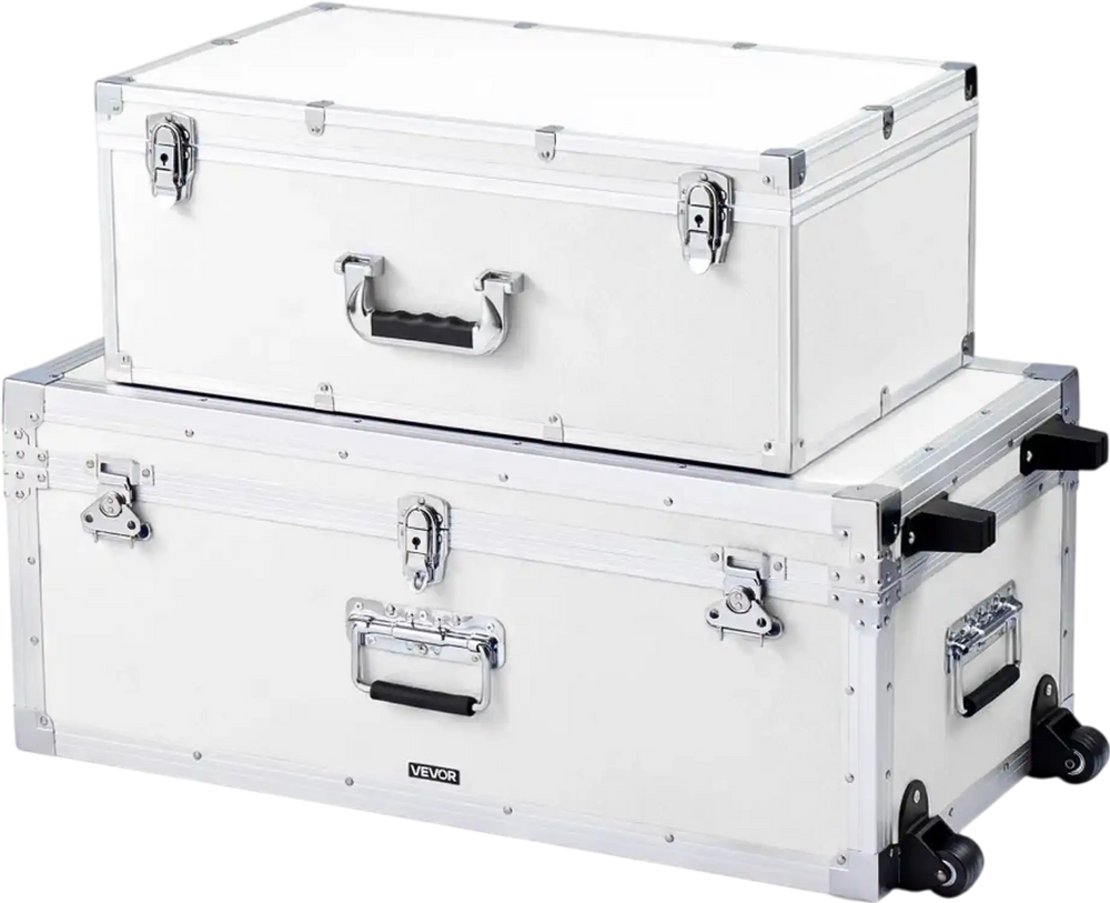 VEVOR Metal Storage Trunk, Set of 2, Wooden Suitcase Storage Boxes with Padlocks, Large Trunk Includes Casters and 3 Metal Handles, Decorative Store Chest with Lids for Travel, Apartment, Dorm, White