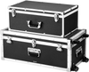 VEVOR Metal Storage Trunk, Set of 2, Wooden Suitcase Storage Boxes with Padlocks, Large Trunk Includes Casters and 3 Metal Handles, Decorative Store Chest with Lids for Travel, Apartment, Dorm, Black