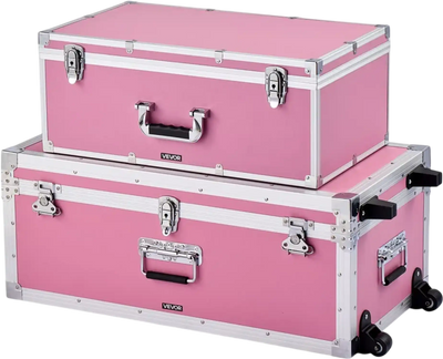 VEVOR Metal Storage Trunk, Set of 2, Wooden Suitcase Storage Boxes with Padlocks, Large Trunk Includes Casters and 3 Metal Handles, Decorative Store Chest with Lids for Travel, Apartment, Dorm, Pink