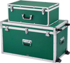 VEVOR Metal Storage Trunk, Set of 2, Wooden Suitcase Storage Boxes with Padlocks, Large Trunk Includes Casters & 3 Metal Handles, Decorative Store Chest with Lids for Travel, Apartment, Dorm, Green