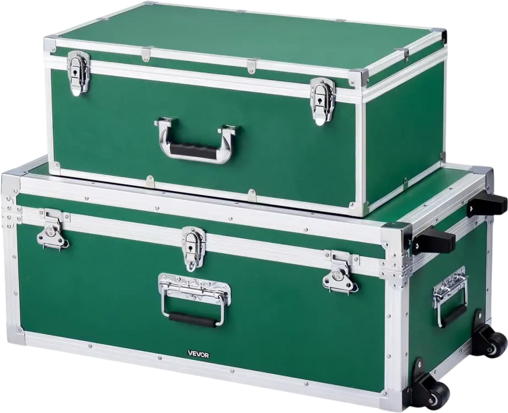 VEVOR Metal Storage Trunk, Set of 2, Wooden Suitcase Storage Boxes with Padlocks, Large Trunk Includes Casters and 3 Metal Handles, Decorative Store Chest with Lids for Travel, Apartment, Dorm, Green