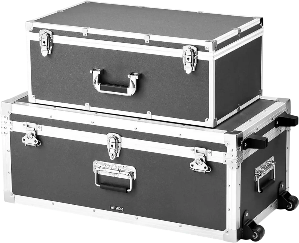 VEVOR Metal Storage Trunk, Set of 2, Wooden Suitcase Storage Boxes with Padlocks, Large Trunk Includes Casters and 3 Metal Handles, Decorative Store Chest with Lids for Travel, Apartment, Dorm, Gray