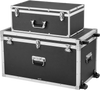 VEVOR Metal Storage Trunk, Set of 2, Wooden Suitcase Storage Boxes with Padlocks, Large Trunk Includes Casters & 3 Metal Handles, Decorative Store Chest with Lids for Travel, Apartment, Dorm, Black
