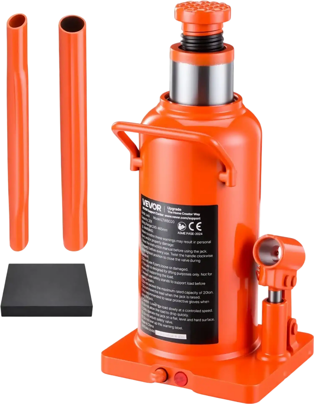 VEVOR Hydraulic Bottle Jack 20 Ton (44092.5 lbs) 9.65"-18.31" Lifting Range, for Construction Vehicle, Heavy-Duty Truck, Bus, Auto Repair and House Lift, Multi-Directional Welded Jack with Long Handle