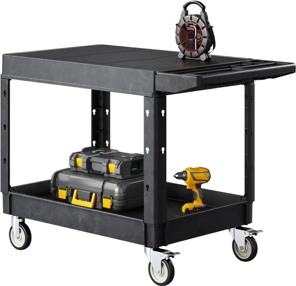 VEVOR Utility Cart, 550 lbs Load Capacity, 37 x 25.4-inch Service Cart, Two-Shelf Heavy Duty Plastic Utility Cart with 360° Swivel Wheels (2 with Brakes), Suitable for Warehouse, Garage, Cleaning
