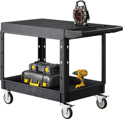 VEVOR Utility Cart, 550 lbs Load Capacity, 37 x 25.4-inch Service Cart, Two-Shelf Heavy Duty Plastic Utility Cart with 360° Swivel Wheels (2 with Brakes), Suitable for Warehouse, Garage, Cleaning