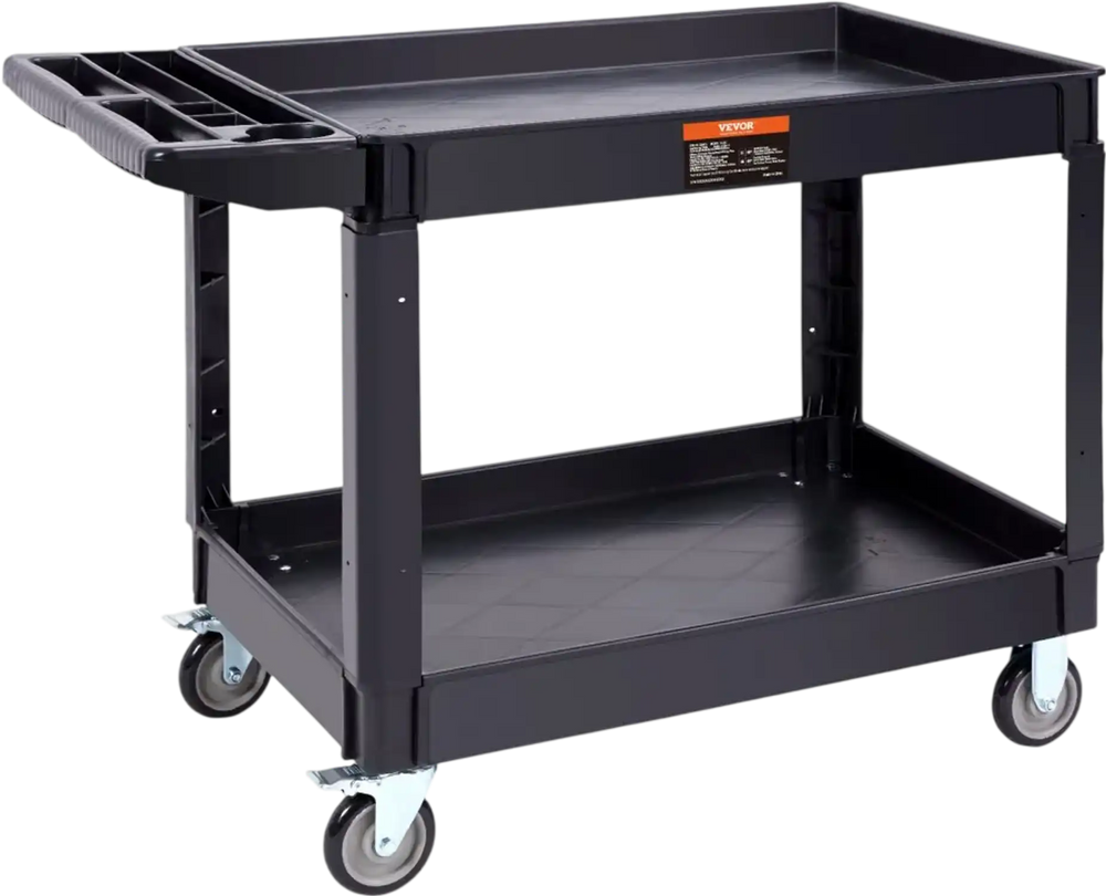 VEVOR Utility Service Cart, 2 Shelf 550LBS Heavy Duty Plastic Rolling Utility Cart with 360° Swivel Wheels (2 with Brakes), Large Lipped Shelf, Ergonomic Storage Handle for Warehouse/Garage/Cleaning