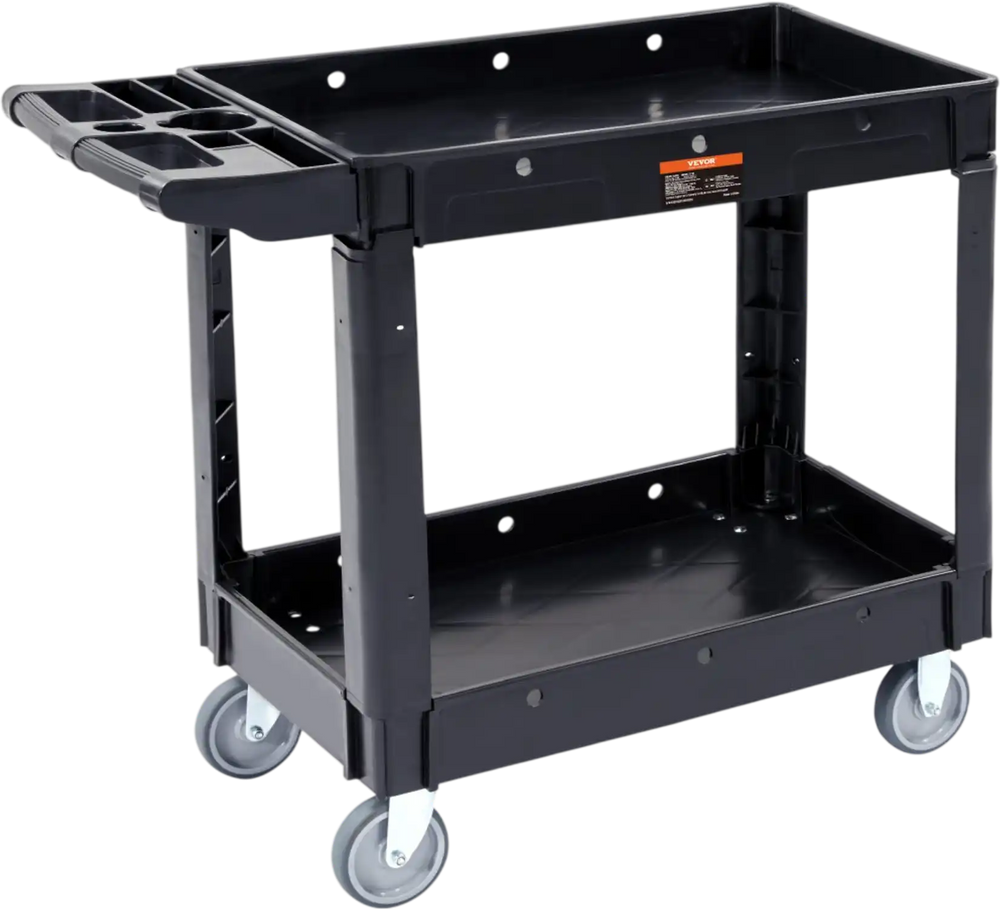 VEVOR Utility Service Cart, 2 Shelf 550LBS Heavy Duty Plastic Rolling Utility Cart with 360° Swivel Wheels, Medium Lipped Shelf, Ergonomic Storage Handle for Warehouse/Garage/Cleaning/Office