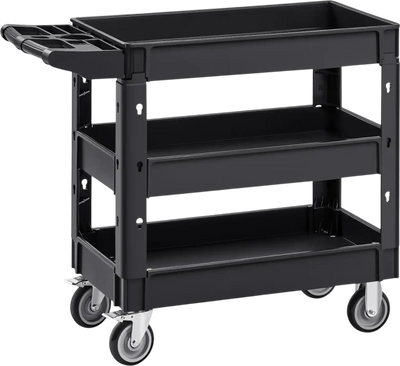 VEVOR Utility Service Cart, 550 LBS Laod Capacity, 3 Shelf Heavy Duty Plastic Rolling Utility Cart with 360° Swivel Wheels (2 with Brakes), Ergonomic Storage Handle for Warehouse/Garage/Cleaning