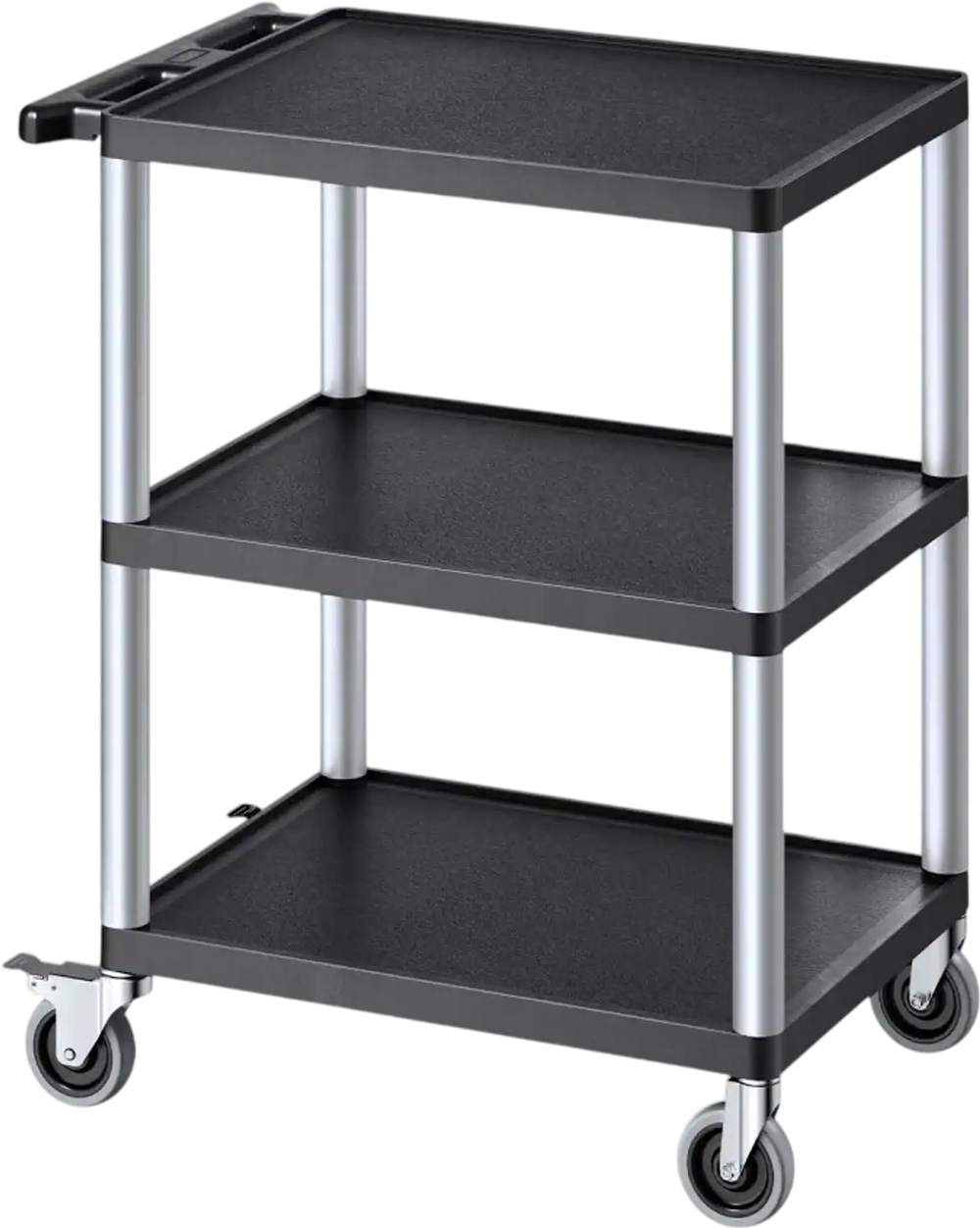 VEVOR Utility Cart, 300 lbs Load Capacity, 27.6 x 18.1-inch Service Cart, Three-Shelf Heavy Duty Plastic Utility Cart with 360° Swivel Wheels (2 with Brakes), Suitable for Warehouse, Garage, Cleaning