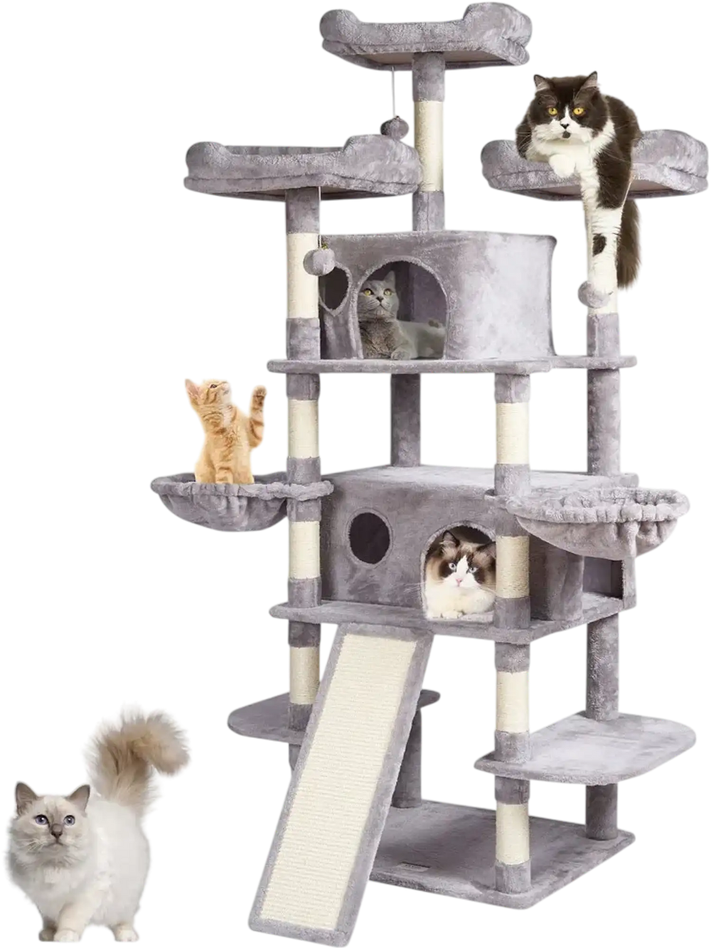 VEVOR Cat Tree for Indoor Cats, 68.5" Cat Tower with 2 Cat Condos, Sisal Scratching Post, Hammocks, Top Perches, Jumping Platforms and Ramp, Cat Furniture Activity Center with Hang Balls, Light Grey